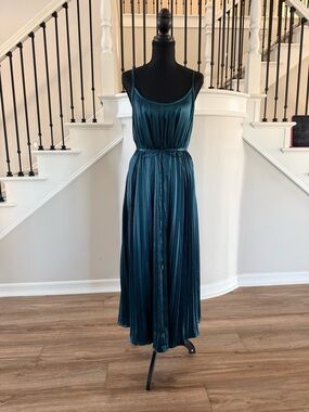 🧤Bishop + Young Pleated Midi Dress Teal Satin NWOT Medium🧤
